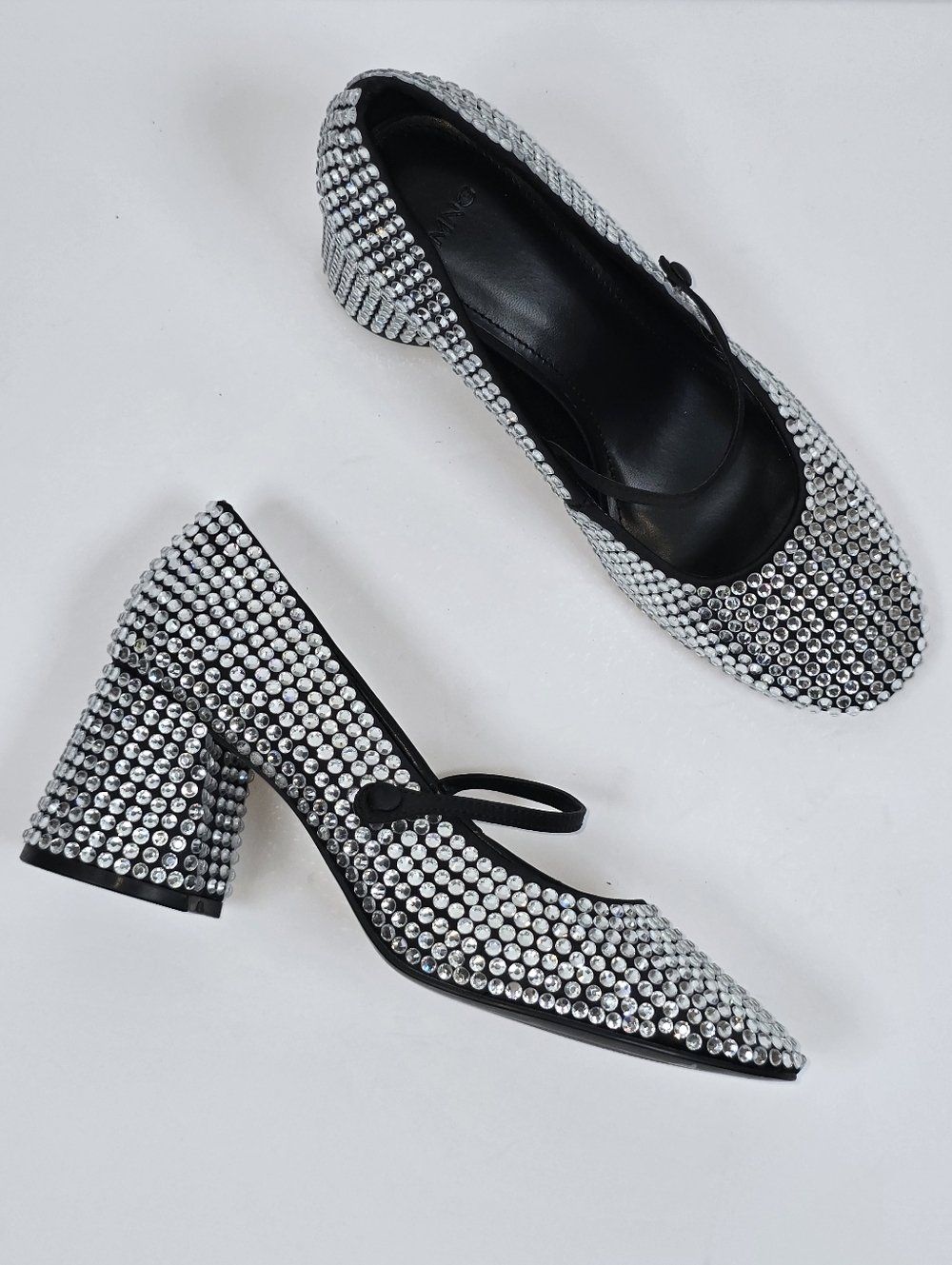 Mango Silver Rhinestone Mary Jane Block Heel Pumps Crystal Embellished Size 38 - Picture 2 of 12
